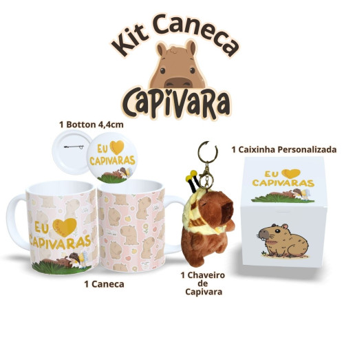 🦫kit Capivara Caneca De Porcelana, Botton, Pelúcia De Capivara E Caixa Personalizada-Capivara-