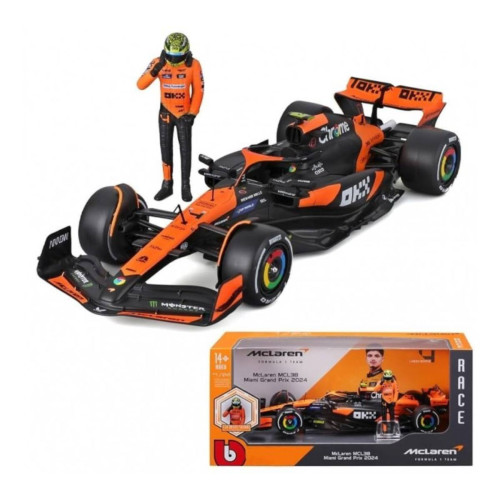 Action Figures Miniatura Bburago McLaren F1 MCL38 Miami Grand Prix 2024 Lando Norris 4 1/24 c/ Boneco-McLaren Formula 1 Team-