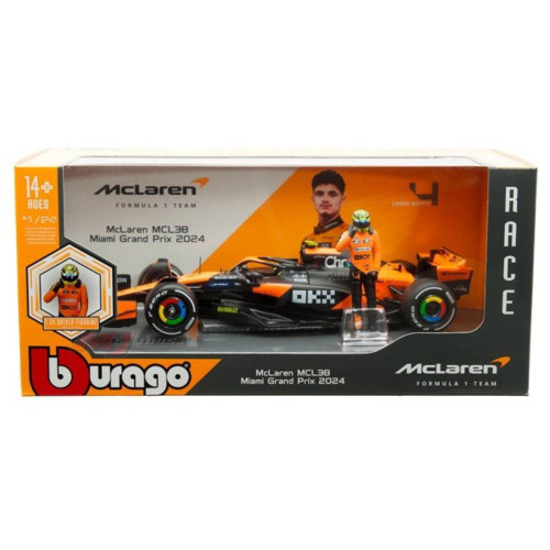 Action Figures Miniatura Bburago McLaren F1 MCL38 Miami Grand Prix 2024 Lando Norris 4 1/24 c/ Boneco - McLaren Formula 1 Team - #