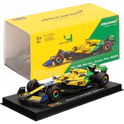 Action Figures Miniatura Bburago McLaren F1 MCL38 Monaco Grand Prix 2024 Lando Norris 4 1/43 c/ Piloto (Senna)-McLaren Formula 1 Team-