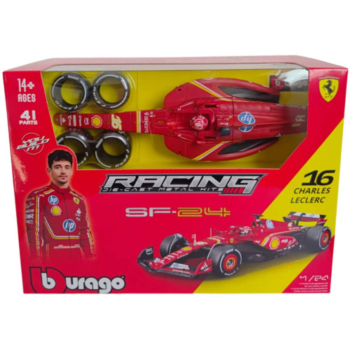 Action Figures Kit p/ Montar Bburago Ferrari SF-24 F1 Racing 2024 Charles Leclerc 16 1/24 c/ Piloto-Ferrari SFR Team-