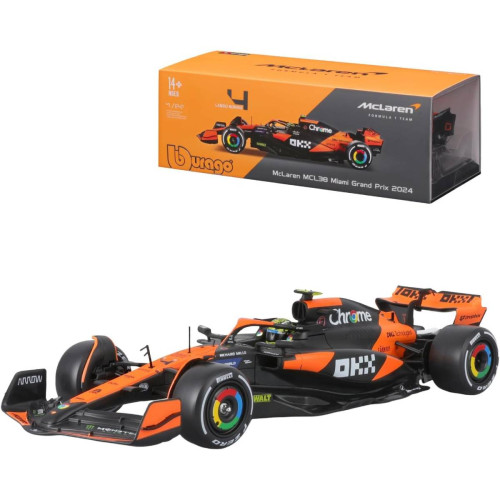 Action Figures Miniatura Bburago McLaren F1 MCL38 Miami Grand Prix 2024 Lando Norris 4 1/24 c/ Piloto-McLaren Formula 1 Team-