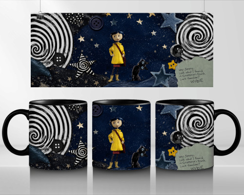 Caneca Cerâmica 325ml Coraline Presente Coraline e o Mundo Secreto Caneca Preta-Coraline-
