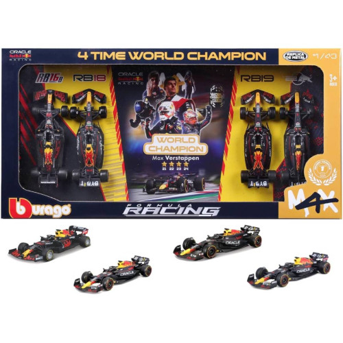 Action Figures Set 4 Miniaturas Bburago Oracle Red Bull Racing F1 Max Verstappen 1 1/43 Tetra Campeão Oracle Red Bull Racing # - Produto Original
