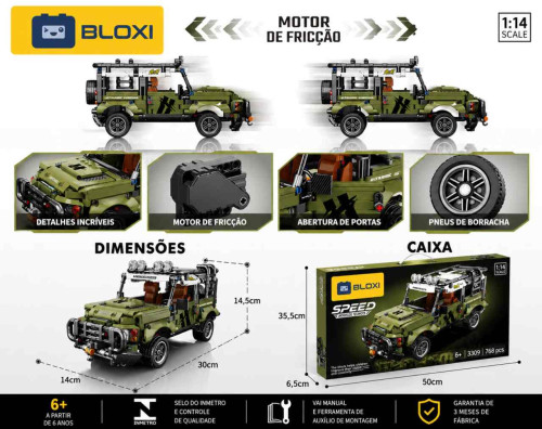 Bloco de Montar Jipe Off-Road Defender Verde (768 pçs Bloxi)   # - Produto Original