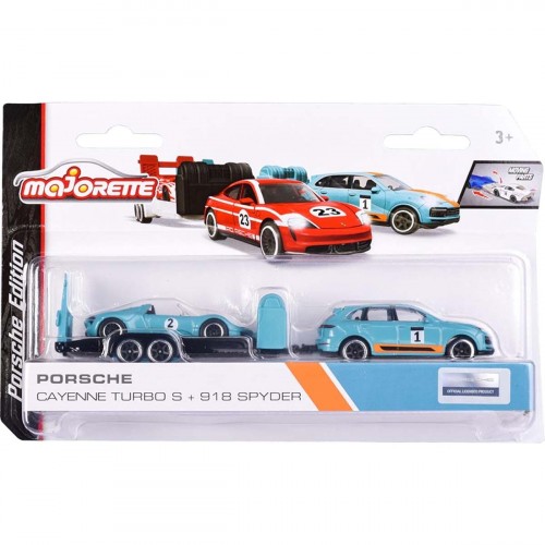 Action Figures Miniatura Majorette Porsche Race Trailer Cayenne Turbo S + 918 Spyder 1/64 Metal Azul - Porsche - #