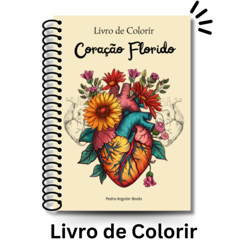 Livro de Colorir Desenhos de Coração com Flores Capa Dura Espiral  A5  50 páginas Adulto- -