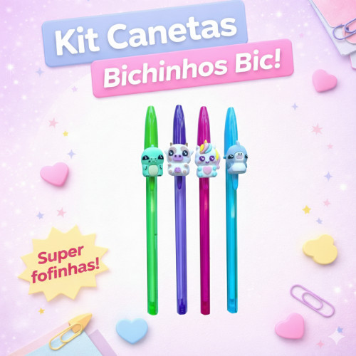 Kit com 4 Canetas BIC Cristal Fashion 1,2mm Bichinhos Fofos (1 azul, 1 verde, 1 rosa e 1 roxo)- -