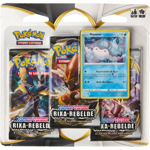 BLISTER TRIPLO POKÉMON ESPADA E ESCUDO 2 RIXA REBELDE MANTINE COPAG 19 CARTAS-Pokemon Estampas Ilustradas-