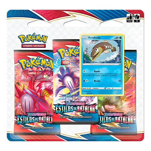 BLISTER TRIPLO POKÉMON ESPADA E ESCUDO 5 ESTILOS DE BATALHA ARROKUDA COPAG 19 CARTAS-Pokemon Estampas Ilustradas-