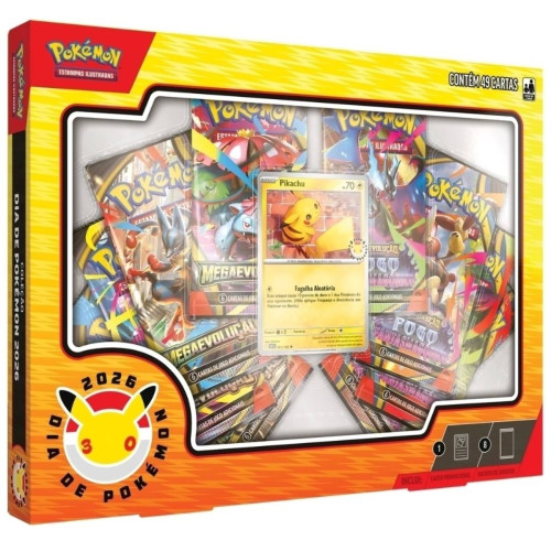 Box Coleção Dia de Pokemon 2026 Pikachu 49 Cartas Copag TCG-Pokemon Estampas Ilustradas-