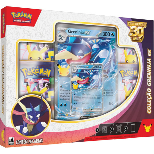 Box Pokemon Celebração de 30 Anos Coleção Greninja Ex 26 Cartas Copag TCG-Pokemon Estampas Ilustradas-