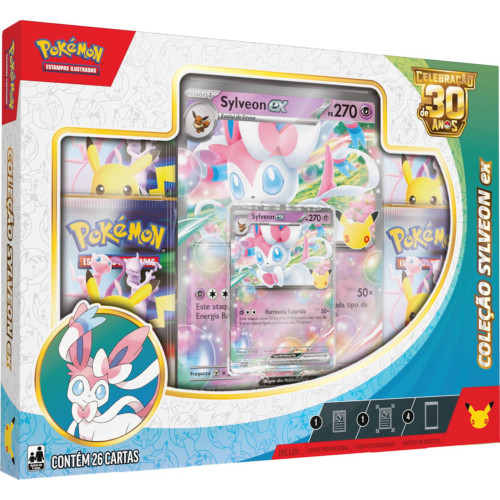 Box Pokemon Celebração de 30 Anos Coleção Sylveon Ex 26 Cartas Copag TCG-Pokemon Estampas Ilustradas-