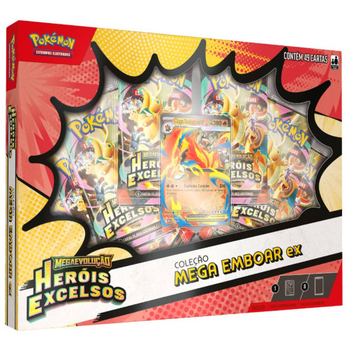 Box Pokemon Coleção Mega Emboar Ex ME02.5 49 Cartas Copag TCG-Pokemon Estampas Ilustradas-