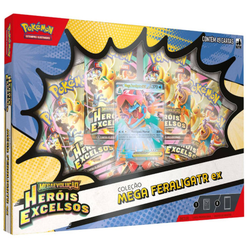 Box Pokemon Coleção Mega Feraligatr Ex ME02.5 49 Cartas Copag TCG-Pokemon Estampas Ilustradas-