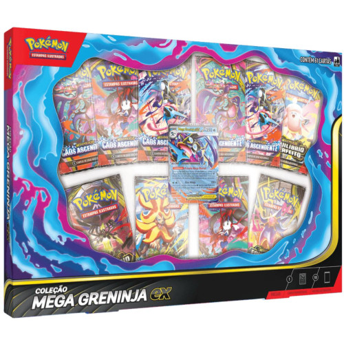 Box Pokemon Coleçao Mega Greninja Ex 61 Cartas Copag TCG-Pokemon Estampas Ilustradas-