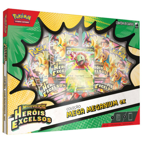 Box Pokemon Coleção Mega Meganium Ex ME02.5 49 Cartas Copag TCG-Pokemon Estampas Ilustradas-