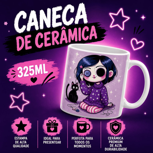 Caneca Cerâmica 325ml Presente Criativo Coraline E O Mundo Secreto-Coraline-