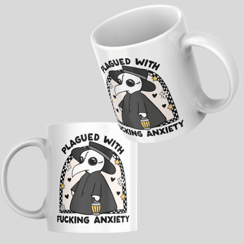 Caneca Cerâmica 325ml Presente Criativo Gótico Fofo Para Ansiosos Plague Doctor Plagued With Fucking Anxiety Ansiosos # - Produto Original