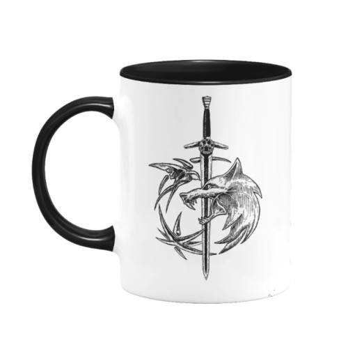 Caneca Gamer The Witcher 3 Wild Hunt - Símbolos lobo, pássaro e espada - Canecas - #