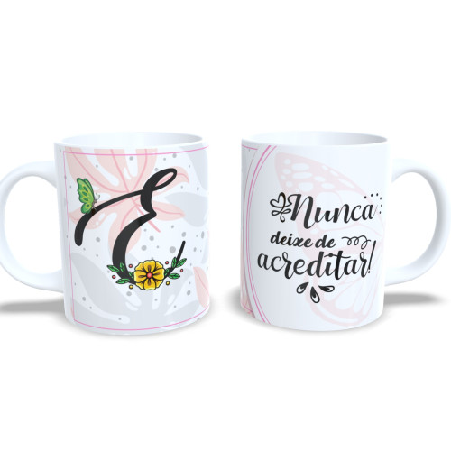 Caneca De Porcelana Personalizada Alfabeto Borboleta Letra E-Alfabeto-