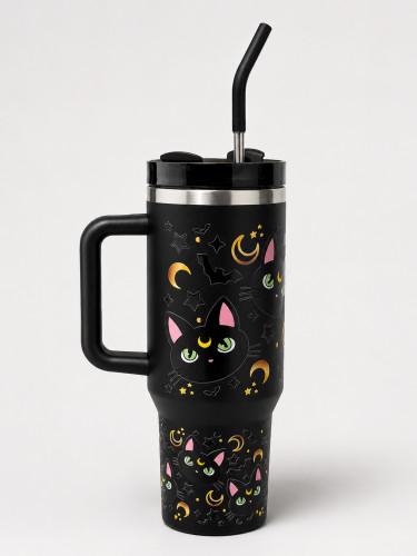 Copo Térmico 1200ml Personalizado Gato Mistico Inox Bebida Quente e Fria com Canudo Inox Quencher Spooky Cat Lover Naruto # - Produto Original
