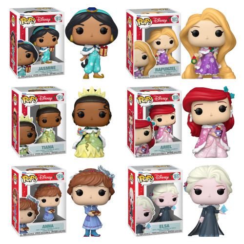Funko Pop Set Completo Holiday Princess - Jasmine #1612, Rapunzel #1613, Tiana #1614, Ariel #1615, Anna #1616 & Elsa-Disney Princess-1617