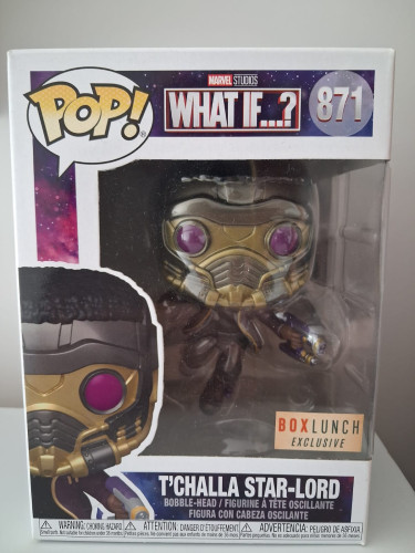 Funko Pop T'Challa Star-Lord - Boxlunch Exclusive - Versão metálica - Caixa Com Pequeno Detalhe Marvel What If...? #871 - Produto Original