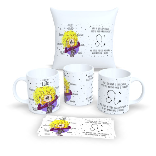 Kit Almofada + Caneca – Estilo Signos do Zodíaco - Leão-Astrologia-
