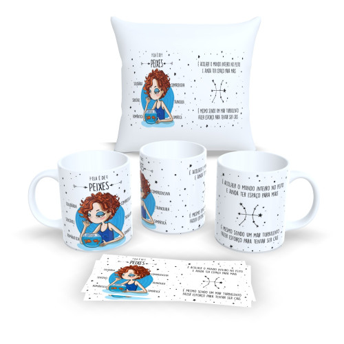Kit Almofada + Caneca – Estilo Signos do Zodíaco - Peixes-Astrologia-