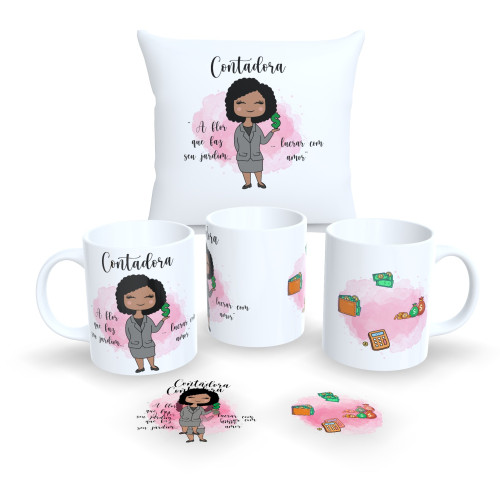 Kit Caneca + Almofada Personalizada Profissões Fofas – Contadora-Profissão-
