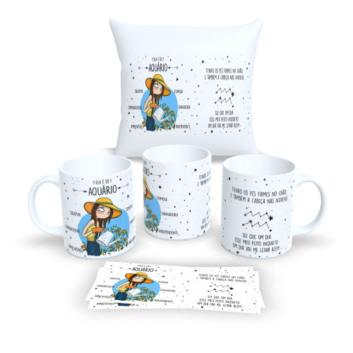 Kit Caneca e Almofada Personalizados – Estampa Signos do Zodíaco - Aquário Astrologia # - Produto Original