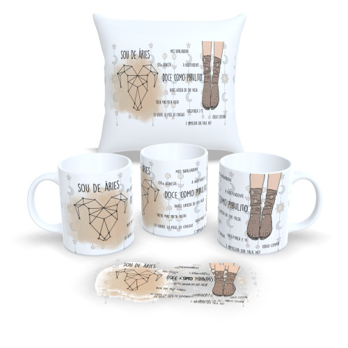 Kit Caneca e Almofada Personalizados – Estampa Signos do Zodíaco - Áries Astrologia # - Produto Original