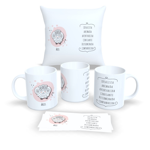 Kit Caneca e Almofada Personalizados – Estampa Signos do Zodíaco - Áries Astrologia # - Produto Original
