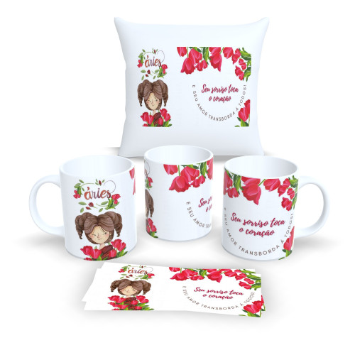 Kit Caneca e Almofada Personalizados – Estampa Signos do Zodíaco - Áries-Astrologia-