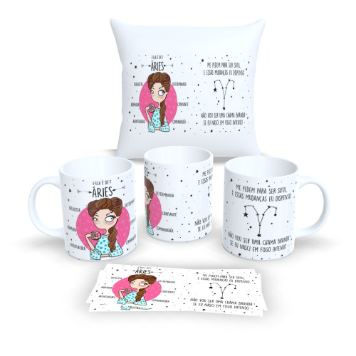 Kit Caneca e Almofada Personalizados – Estampa Signos do Zodíaco - Áries-Astrologia-