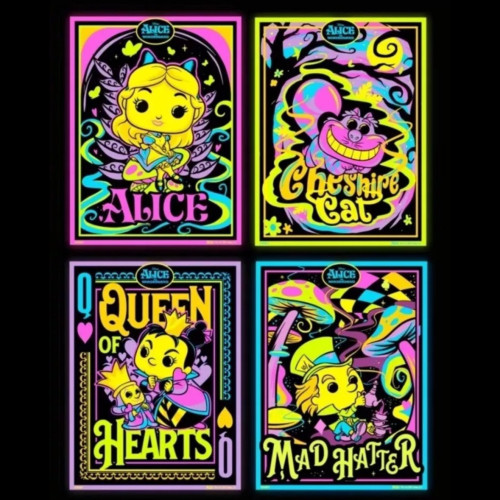 Placas e Quadros Decorativos Kit Funko Poster Blacklight Alice No País Das Maravilhas: Alice, Cheshire Cat, Queen Of Hearts & Mad Hatter-Disney Alice In Wonderland-