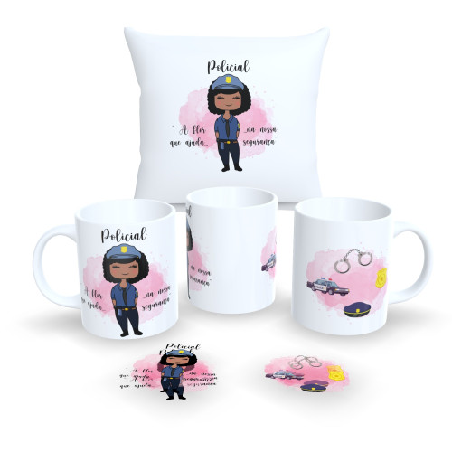 Kit Profissional – Caneca e Almofada com Estampa da Profissão – Policial-Profissão-