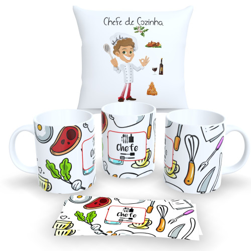Kit Profissões Caneca e Almofada – Lembrança Personalizada – Chefe de Cozinha Profissão # - Produto Original