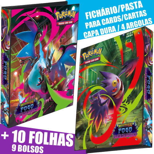 Pasta Fichário Álbum Pokémon Mega Evolução Fogo Fantasmagórico Charizard X e Gengar Capa Dura 4 Argolas Carta Card + 10 Folhas-Pokemon-